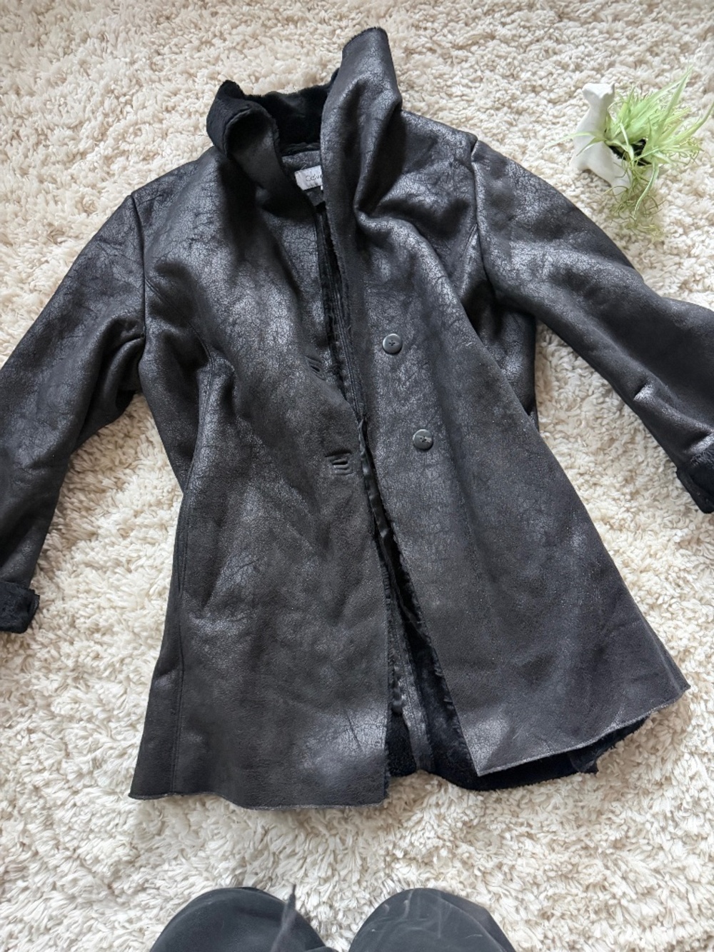 Calvin Klein women's long Black Faux Leather Shearling-Trim Jacket in sleek faux